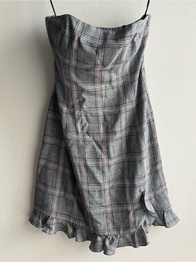 Etcetera Black Grey Lined Plaid Trim Dress Strapless with Red Accent Size 8